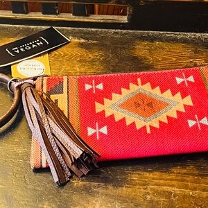 Boutique Canvas Navajo Aztec Pattern Clutch Wristlet Bag w/ Fringe Tassel